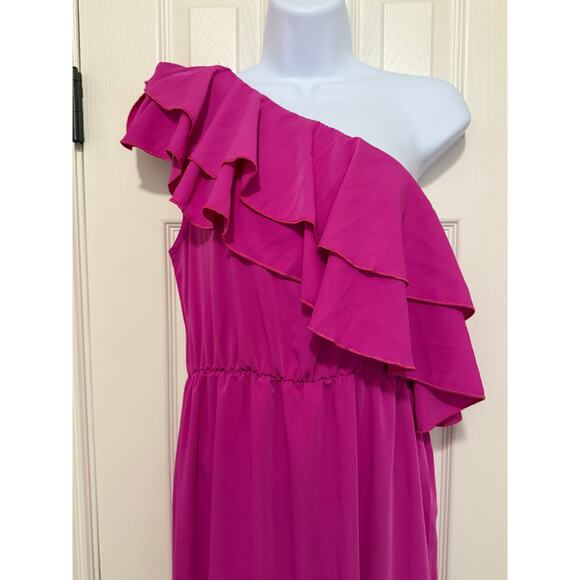 Fuchsia One Shoulder Ruffle Maxi Dress M – Summer Wedding Guest, Resort Chic - Picture 3 of 4